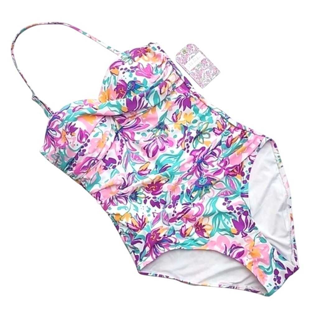 NWT Stella Parker Women's Floral Ruched One Piece Swimsuit Multicolor Medium